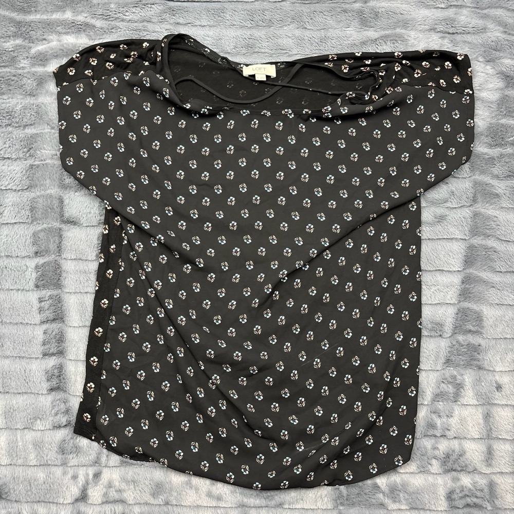LOFT Outlet Black Floral Mixed Media Strappy Neck Blouse Short Sleeve Top Medium